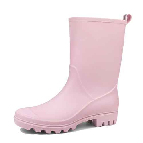 DKSUKO Women's Mid-Calf Rain Boots Garden Boots Waterproof Rubber Boots (8 B(M) US, Pink)