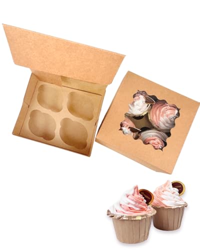 Gcardist Brown Automatic Popup 4 Cupcake Boxes with Window, Pack of 12, 16 x 16 x 7.6 cm Bakery Boxes for Cupcake Carrier - Image 4