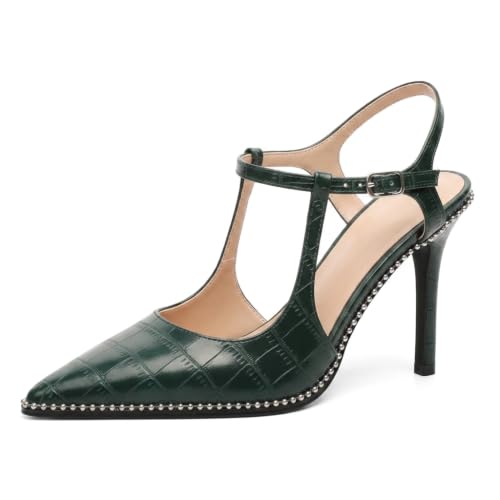 Image of SAMMITOP Womens High Heels Ankle Strap Pointed Toe Stilettos Patent Leather Beaded Pumps Dress Shoes 3.5 Inch