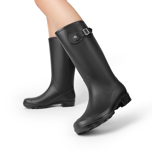 DREAM PAIRS Kniehohe Damen Regenstiefel mit seitlicher Schnalle Gummistiefel damen,Size 39,Schwarz,DWEMRB2503