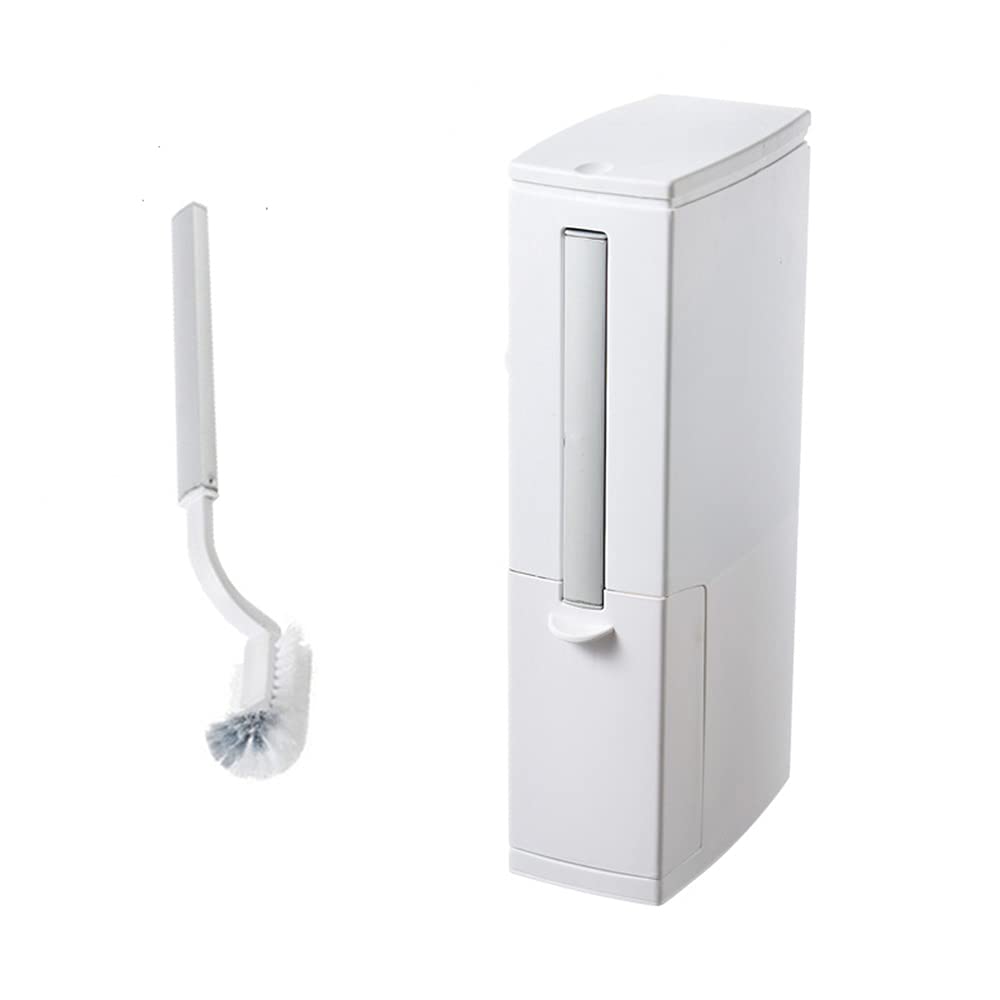 Plastic Bathroom Trash Can and Toilet Brush Set, Trash can with Toilet Brush Holder, Lid Slim Trash Can for Bathroom, Kitchen (White, S: 7.87" x 4.33" x 16.34")