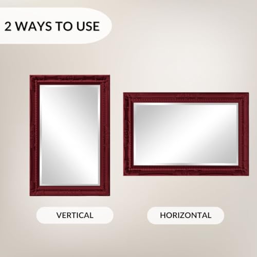 Image of Howard Elliott Collection Queen Ann Rectangular Glossy Burgundy Wall Mirror, Rectangle Hanging Wood Framed Vanity Mirrors for Home Decor, Living Room, Bathroom, Bedroom, or Hallway, 24 x 36 Inch