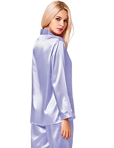 Image of SWOMOG Long Sleeve Pajamas Set Silk Satin Sleepwear Button Down Pjs Loungewear with Pocket Lavender Large