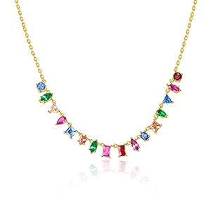 G&GEMSJEW Women Gold Colorful Gemstone Necklace Multicolor CZ Rainbow Chain Choker for Girls 14K Gold Plated Multi Gems Necklace, Gold Plated, Cubic Zirconia