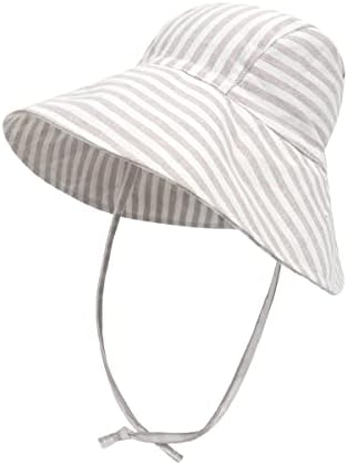 Baby Sun Hat Toddler Hats for Boys Girls Infant Sun Hat Baby Girl Hats Outdoor Wide Brim Basin Hat Beach Hat UPF 50+ Cotton Hemp Breathable Quick Drying (9-24 Months, Grey White Stripe)
