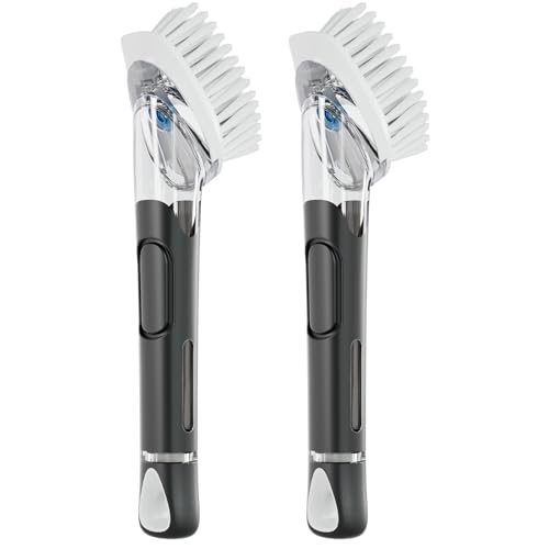 Image of RIMAY Soap Dispensing Dish Brush, Dish Scrubber with Soap Dispenser, Dish Soap Brush, Dish Wand with Soap Dispenser Kitchen Brush for Dishes, Pans, Sink, Pots(2 Pack)