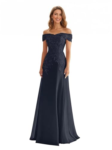 Navy Blue Chiffon Mother of The Bride Dresses Long Lace Applique Off the Shoulder Formal Evening Gowns WT025 6