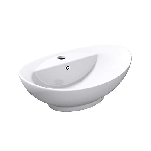 Mai & Mai lave main évier vasque 59x39x21 cm en céramique blanc ovale avec perçage pour robinet lavabo avec trou trop-plein à poser BR302
