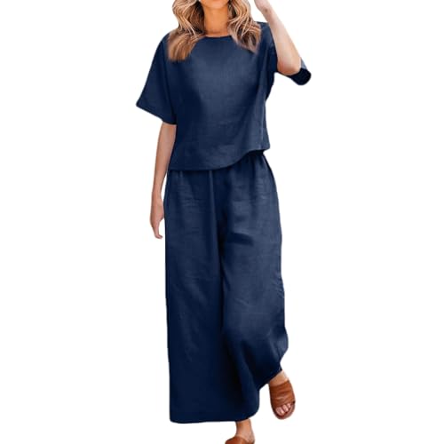 Combinaison en lin pour femme avec t-shirt et pantalon d'été décontracté léger