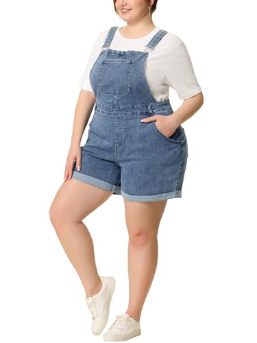 Agnes Orinda Plus Size Overall Shorts for Women Jumpsuit Roll Hem Pocket Jean Denim Overalls 1X Gray Blue