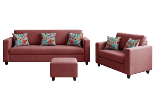 Image of Rosebell 3+2 Fabric Sofa Set with Ottoman | Premium Upholstery 5-Seater Sofa | with Printed Cushions | Living Room Furniture |Rose Pink-Color