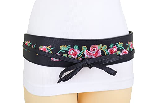 Women Black Tie Fashion Belt - Wrap Around Faux Leather Wide Waistband Flower S M2