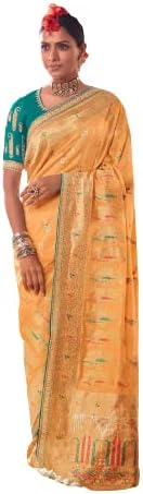 THATH BANARAS Women's Printed Pure Dola Silk Saree with Fancy Lace Border (Color:-Peach & Blue)