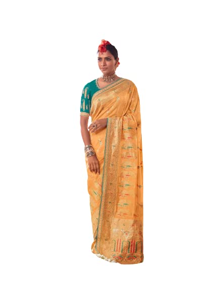THATH BANARAS Women's Printed Pure Dola Silk Saree with Fancy Lace Border (Color:-Peach & Blue)