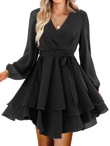 Image of Women Wrap Dress Casual Mini V Neck Fall Long Sleeve Wedding Guest Dresses with Belt