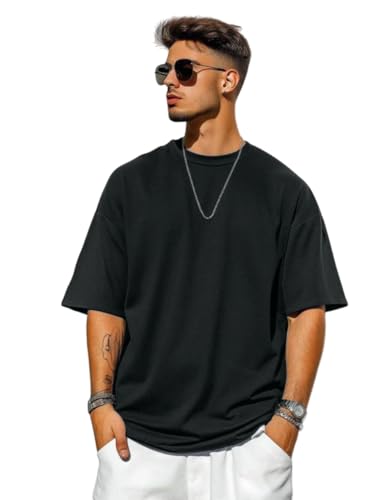 Image of Oversized Baggy Fit Drop Shoulder Half Sleeves Round Neck Solid Pure 100% Cotton T-Shirt for Men (Available in White, Black,Navy Color)