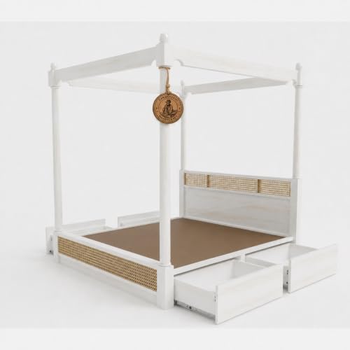 Image of Sheesham Solid Wood Allure Poster Bed for Bedroom | Handmade Wooden Cot | Elegant Four Poster King Size Bed Frame (White, Queen, Allure with Storage(Cane 2))