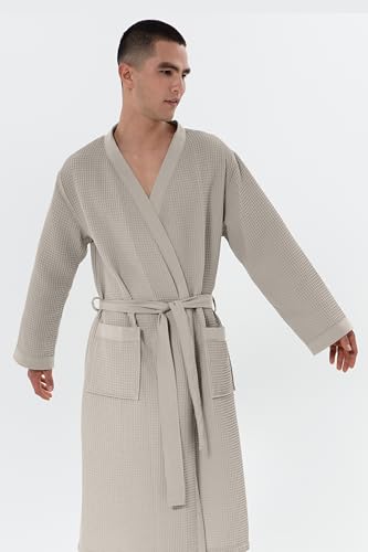 Image of SEYANTE Turkish Cotton Waffle Robe for Men - Organic GOTS Certified Spa Bathrobe, Lightweight Kimono, Soft Cotton Bathrobe