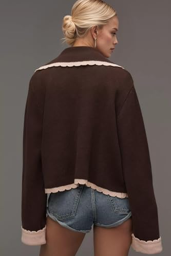 Women Scallop Collar Cardigan Sweaters Color Block Bell Sleeve Open Front Knit Cardigan Fall Sweater with Pockets4