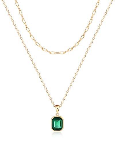 Mesovor Gold Crystal Layered Necklaces for Women Trendy, 18K Gold Plated Paperclip Choker Necklace | Birthstone Necklace Jewelry Gifts (Green)