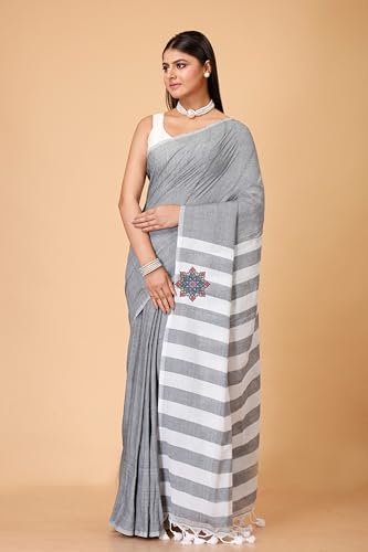 Image of OISHANI SAREE GHOR Women's Bengal Premium Cotton Saree with Blouse Piece | Traditional White Striped Pallu Pattern | Soft Lightweight Ethnic Saree for Daily Ware