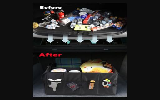 Image of Polyester Automobiles Car Trunk Organizer Bag with Lid Large Size Multi Compartment Car Organizer (55 x 41 x 25cm) Foldable SUV Car Storage Bag with Support Strap (60L - Large) Black