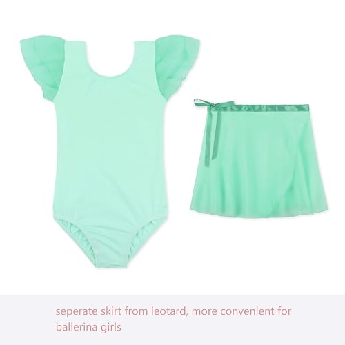 Image of EQSJIU Ballet Leotards for Girls with Removable Skirt Combo Tie Ruffle Sleeve Outfit