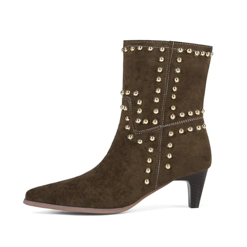 baobeijiadao Ankle Boots for Women Pointed Toe Low Kitten Heel Booties Slip On Rivet Boots2