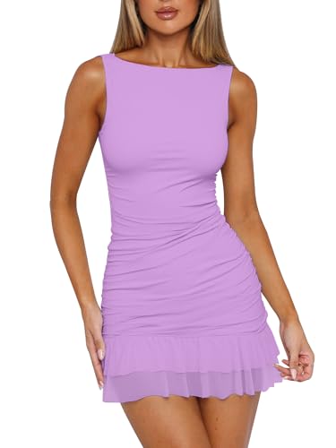 Image of HOCILLE Women's Sexy Bodycon Boat Neck Mini Dresses Sleeveless Ruched Ruffle Hem Club Party Short Dress