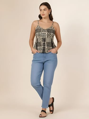 Image of Pinkmint Women Pure Cambric Cotton Printed Peplum Top | Sleeveless Spaghetti Strap Summer Casual Top for Women & Girls