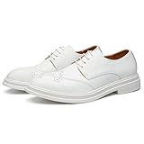 Men's Classic Leather Wingtip Low Heel Oxford Shoes Fashion Pointed Toe Comfort Non Slip White Dress Shoes Business Office Wedding Shoes (White,8.5)