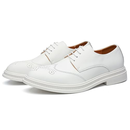 Men's Classic Leather Wingtip Low Heel Oxford Shoes Fashion Pointed Toe Comfort Non Slip White Dress Shoes Business Office Wedding Shoes