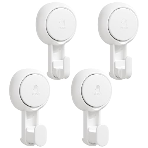 TAILI Suction Towel Hook for Bathroom, Damage-Free Hanging Hooks for Inside Shower Wall, Powerful Vacuum Suction Cup Shower Holder for Towel, Loofah, Cloth, Easy to Install and Remove, White, 4 Pack