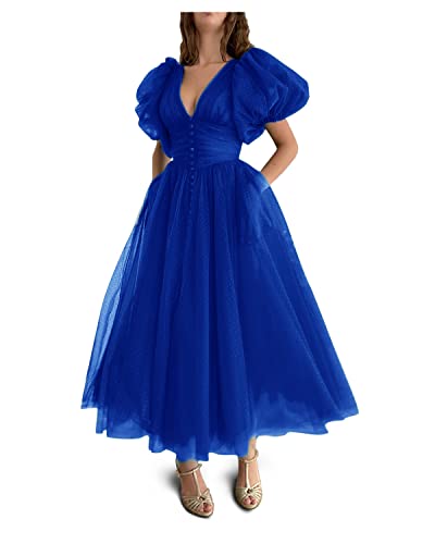 XSWPL Lantern Sleeves Sexy Deep V-Neck Prom Dresses Tea Length Ball Gown Tulle Sweet 16 Gowns Royal Blue US2