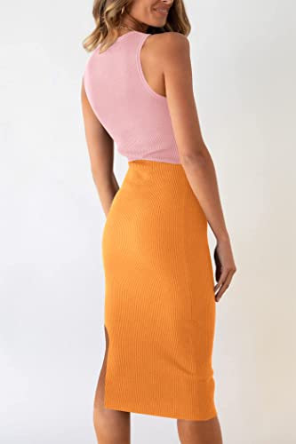 Image of PRETTYGARDEN Women's Summer Midi Bodycon Dresses Casual Crew Neck Side Slit Sleeveless Knit Cut Out Tank Top Dress