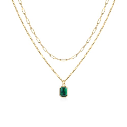 Vrsilver Birthstone Necklace for Women - Layered Gold-Plated Necklaces for Women Trendy Emerald Color Necklaces for Womens May Birthstone Necklace for Girls Birthday Gifts
