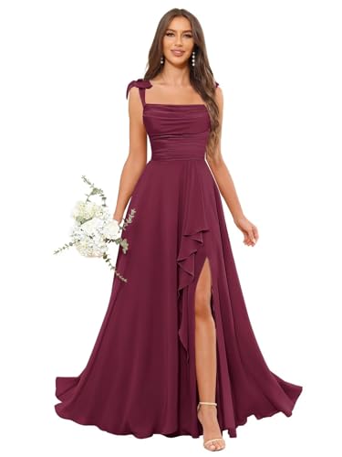 Spaghetti Straps Bridesmaid Dresses for Wedding A-Line Cowl Neck Ruffles Bow Tie Formal Evening Gown with Slit