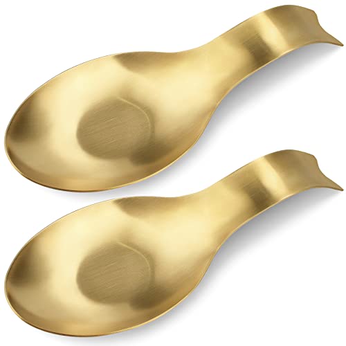 Image of VanlonPro Stainless Steel Spoon Rest, Spatula Ladle Holder, Stainless Steel Utensil Spoon Rest Holder, Brushed Finish, Dishwasher Safe 9.8 x 3.7 Inch (Gold Fish Tail 2PCS)
