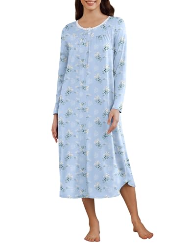 Ekouaer Nightgowns for Women Long Nightshirt Long Sleeve Sleepwear Ladies Soft Loungewear with Pockets Light Blue Floral XL