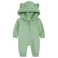 ABOHU Neugeborenes Baby Jungen Mädchen Strampler, Lange Ärmel Overall mit Bär Ohr und Kapuze, Säuglings Frühling Herbst Body, Reißverschluss Bodysuit Baby Schlafanzug Einteilige 0-6 Monate
