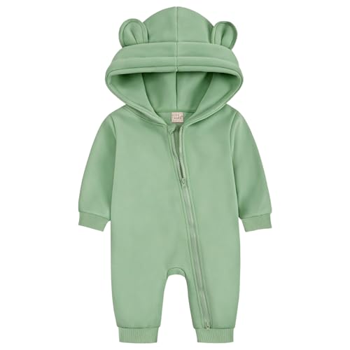 ABOHU Baby Zipper Hooded Rompers Cotton Newborn Infant Spring Fall Bodysuit Baby Boys Girls Romper One Piece Long Sleeves Bear Ear Hoodie Jumpsuit 0-6 Months