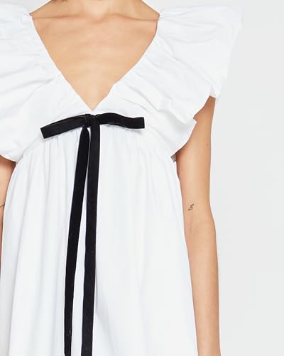 Image of Women's Floral Bow V Neck Babydoll Mini Dress Flower Print Puffy Sleeve Boho Short Casual Loose Flowy Dresses