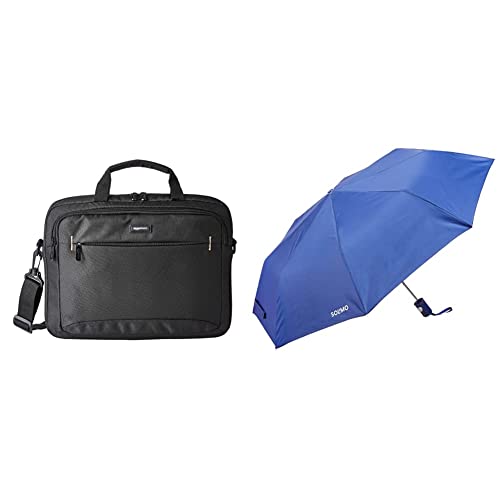 Image of AmazonBasics 14-Inch Tablet Bag, Black and Amazon Brand - Solimo Folding Umbrella with UV Protection and Auto-open, Blue