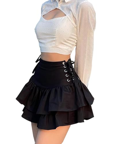 DINGJIUYAN Womens Lace Up Skirts Goth Ruffle Mini -Y2k Black High Waist -Summer Punk Short Skirt-Kawaii Clothes Cargo, Tennis, Pencil, Midi, Pleated Skirts