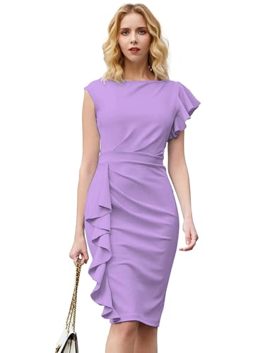 Image of Shasmi Girl's & Women's Asymmetrical Sleeve Ruffle Trim Cocktail Party Fitted One Piece Knee Length Midi Dress for Women Stylish Dresses (Midi 169)