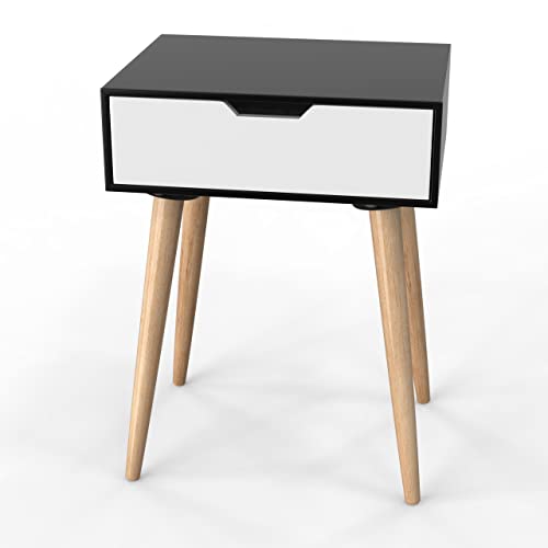 Image of Brown Art SHOPPEE Black & White Art Deco Medium Wooden End Side Table with Drawer, Bedside Table