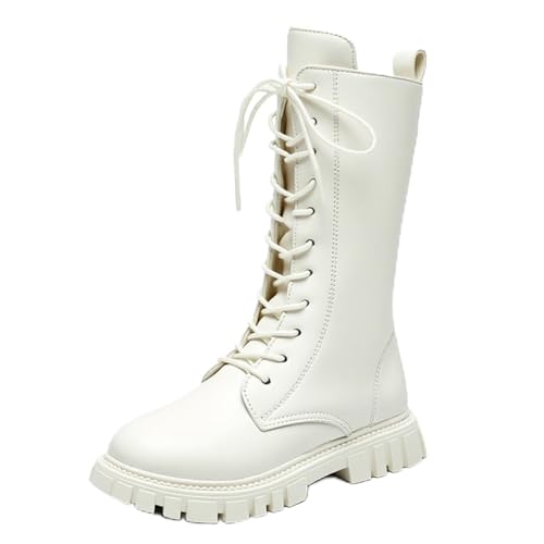 Girls Lace Up Mid Calf Combat Boots Fashion Round Toe Side Zipper Lug Sole Punk Goth Boot For Toddler Little Kid Big Kid