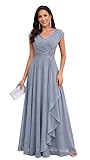 OEUVIGF Chifon Lace Mother of The Bride Dress Floor Length Cap Sleeve A Line Long Formal Gowns US12 Dusty Blue