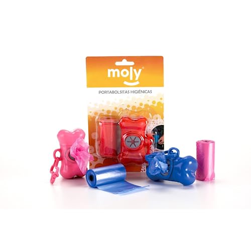Moly Dispensador de Bolsas para Heces de Perros con 2 Recambios | Formato Hueso con Clip para Correa | 40 Bolsas Resistentes | Higiene Canina para Paseos Limpios