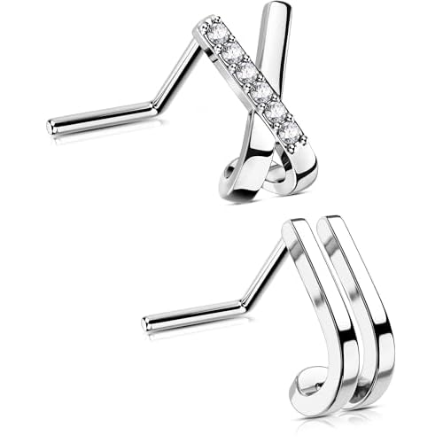 OUFER 2Pcs Nose Ring Stud, Fancy Unique Cross Double Rows 20G Nose Studs L-shaped Sparkling CZ Stainless Steel Small Tiny Silver Nose Piercing Jewelry for Women Men-7MM
